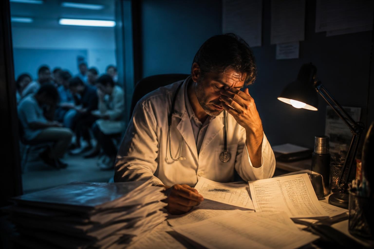 Médico cansado com a mão no rosto, sentado à mesa cheia de papéis sob a luz de um abajur, com a sala de espera lotada ao fundo