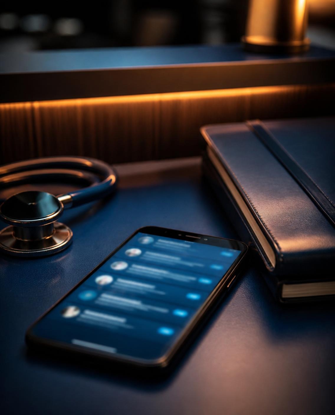 Celular sobre a mesa da recepção de um consultório com várias conversas novas na tela, ao lado de um estetoscópio e uma agenda